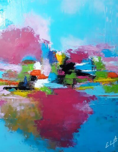 Elma SANCHEZ-LE MEUR, peinture "Cerisiers roses", technique mixte, 40x40 cm