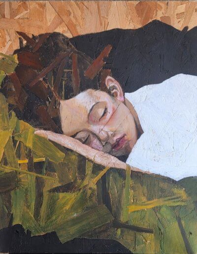 Œuvre Drap des songes d’Inès MÉHAULT, peinture acrylique sur OSB 63x50 cm