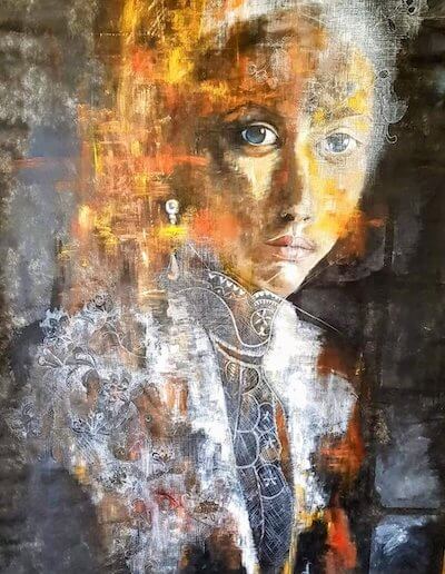 Œuvre Éclat tissé d’Inès MÉHAULT, peinture acrylique sur pare-pluie 225x150 cm