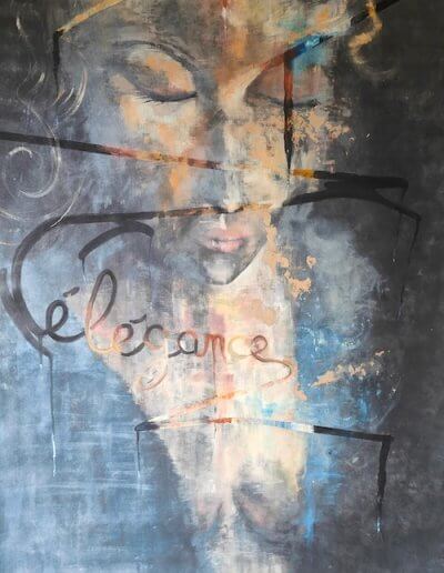 Œuvre Élégance d’Inès MÉHAULT, peinture acrylique sur pare-pluie 225x150 cm
